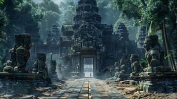 Ancient temple in the jungle with statues and trees photo