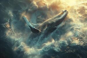 A whale is swimming in the ocean with its tail out photo