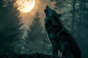 A wolf howling at the moon in the forest photo