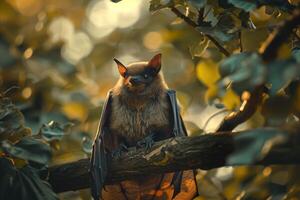 A bat sitting on a branch in the sunlight photo