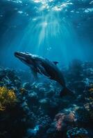 A whale swimming in the ocean with coral reefs photo