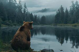A bear sitting on the edge of a lake photo