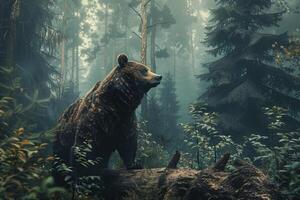 A bear standing on a log in a forest photo