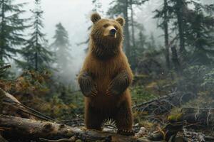 A brown bear stands on a log in the woods photo