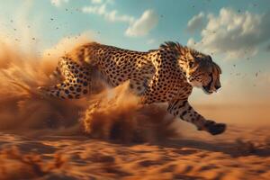 A cheetah running through the sand photo