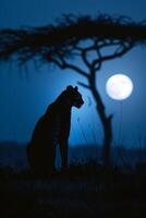 A leopard sitting under a tree at night with the moon in the background photo