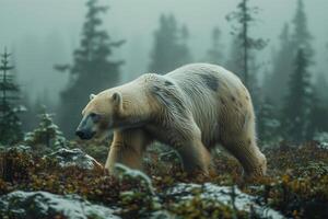 A polar bear walking through a snowy forest photo