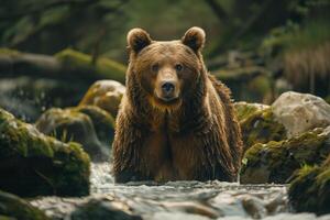 A brown bear is standing in a stream photo