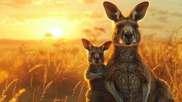 A kangaroo and her baby are sitting in the grass photo