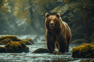 A brown bear is walking through a stream photo