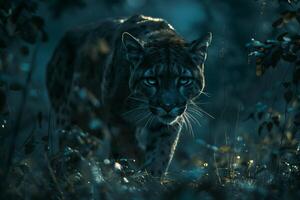 A lynx is walking through the woods at night photo