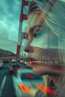 A woman is in front of a bridge with traffic photo