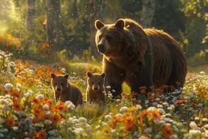 A bear and two cubs walking through a field of flowers photo