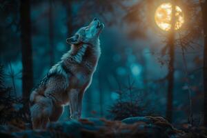 Wolf howling at the moon in the forest photo