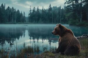 A bear sitting on the edge of a lake looking at the forest photo