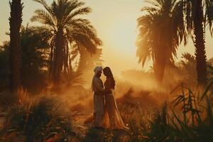 A couple in traditional clothing are standing in the middle of a field at sunset photo