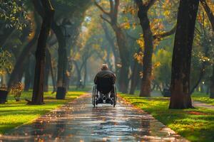 An elderly man in a wheelchair is walking down a path photo