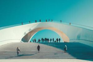 People walking up stairs in front of a large white building photo