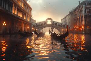 Gondolas in the water under a bridge at sunset photo
