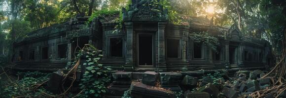 An old building in the jungle with trees and plants photo