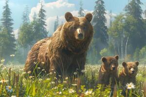 A bear and two cubs in a field photo