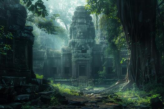 Ancient temple in the jungle with trees and rocks photo