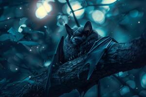 A bat sitting on a branch in the dark photo