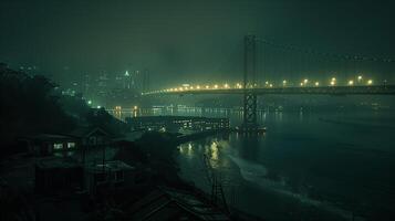 A bridge over the water at night with lights on photo