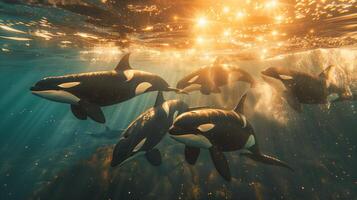 A group of killer whales swimming in the ocean photo