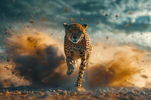 Cheetah running through dust photo