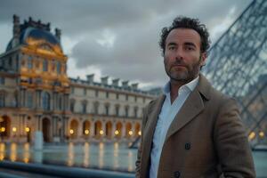 A man in a coat standing in front of a building photo