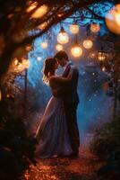 A bride and groom embrace under fairy lights photo