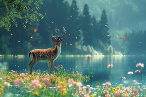 A deer stands in the middle of a lake surrounded by flowers photo