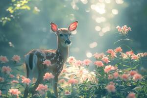 A deer is standing in a field of flowers photo