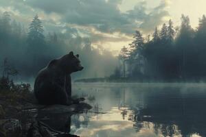 A bear sits on a rock by a lake at sunset photo