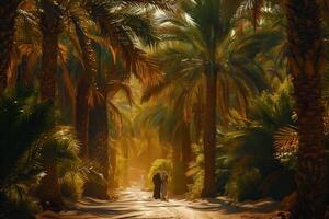 A man walking down a path between palm trees photo