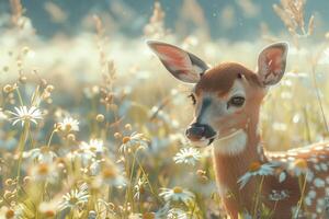 A deer is standing in a field of flowers photo