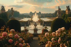 A large fountain in the middle of a garden photo