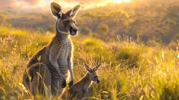 A kangaroo and her baby are standing in a field photo