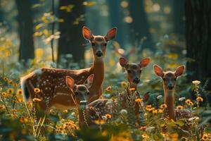 A group of deer in the woods with flowers photo