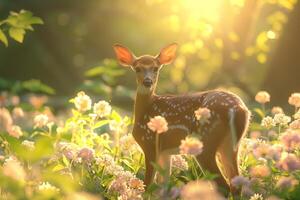 A deer is standing in a field of flowers photo