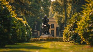 A statue is sitting in the middle of a lush green park photo