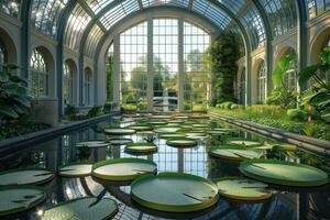 A large pond with water lilies in it photo