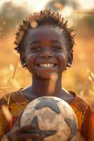 A young boy smiles while holding a soccer ball photo