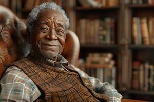 An older man sitting in a chair in front of a bookcase photo