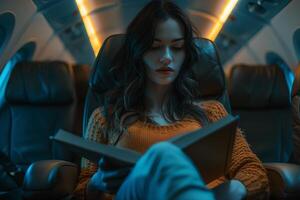 A woman reading a book on an airplane photo