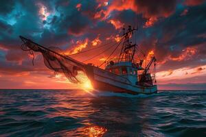 Fishing boat in the ocean at sunset photo