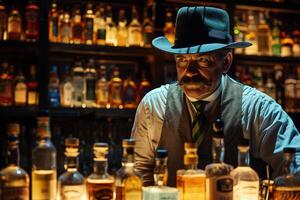 A man in a hat and tie standing behind a bar photo