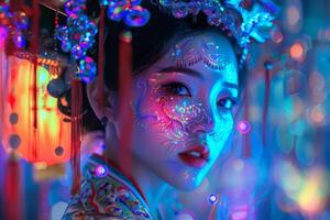 A woman with neon makeup and a colorful dress photo
