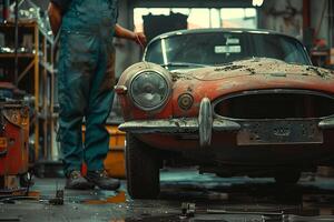 A man is standing next to an old car photo
